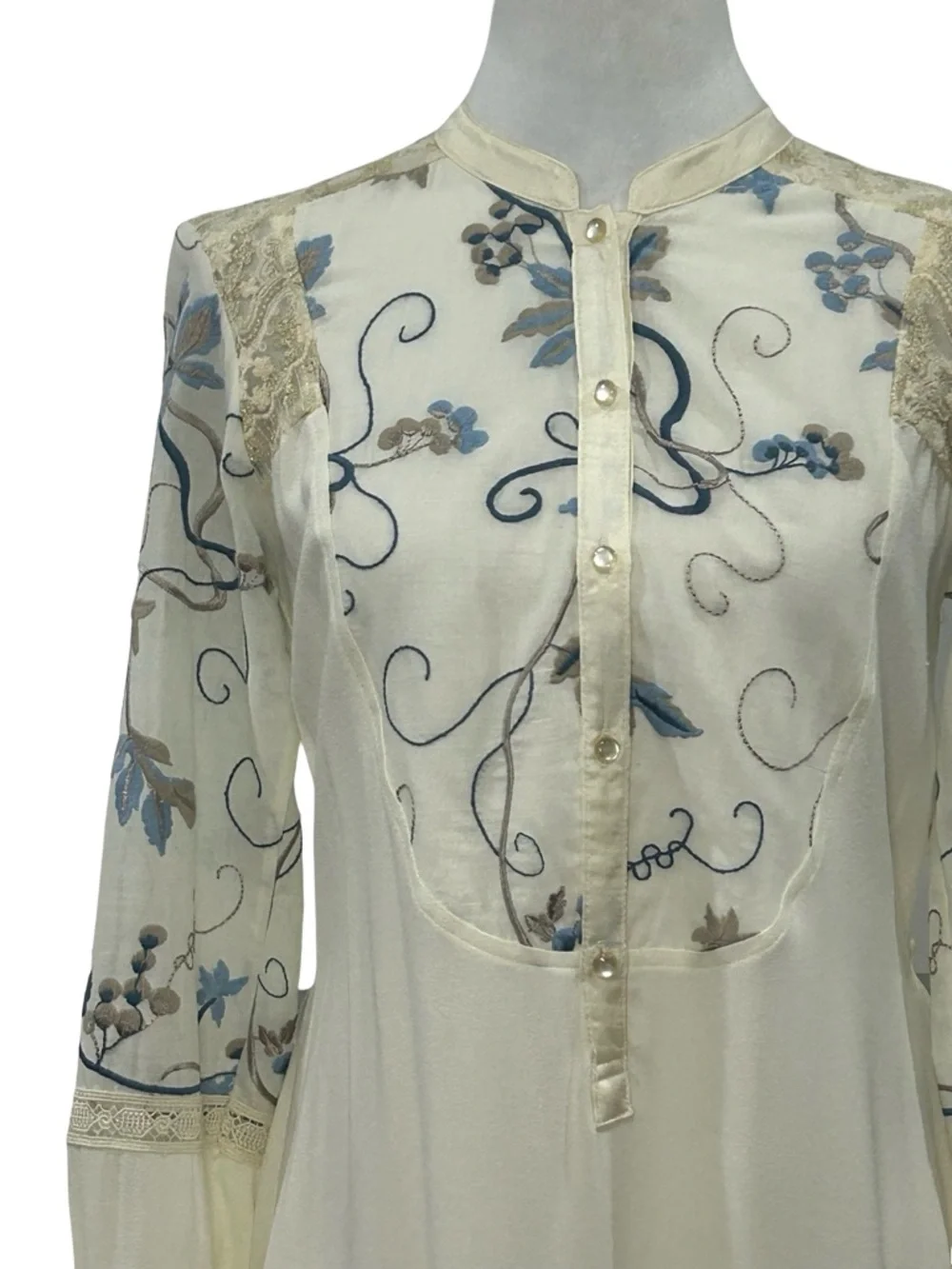Tiny Ivory Boho Festival Shirt Dress Embroidered Lace XS S Country Cottagecore - Picture 4 of 16